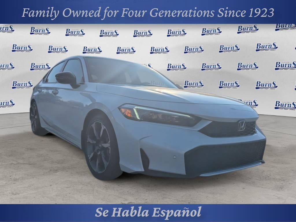 2026 Honda Civic Hatchback FWD Touring Hybrid in Platinum White Pearl — front three-quarter view